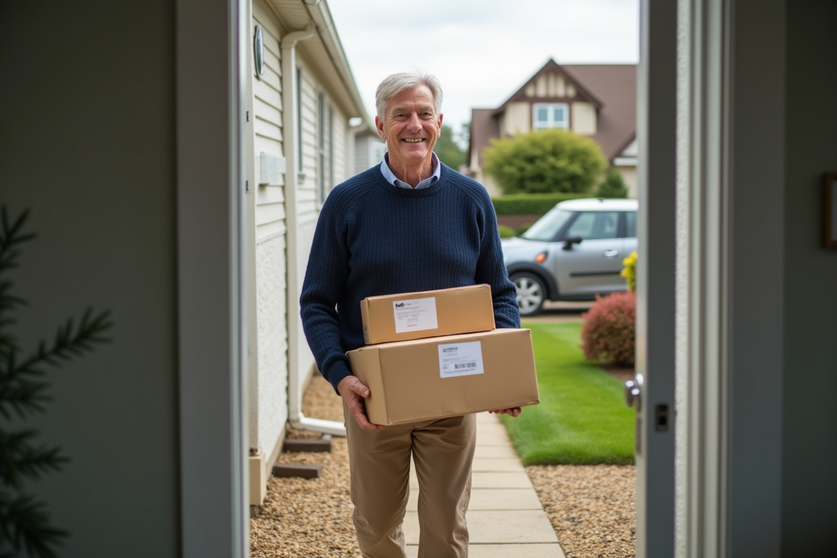 Homme portant des cartons dans une maison de banlieue