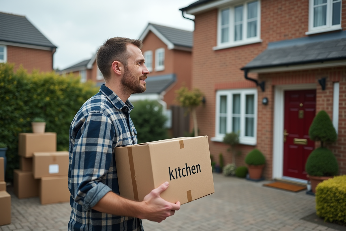 Homme dehors avec une boxe de cuisine devant une maison