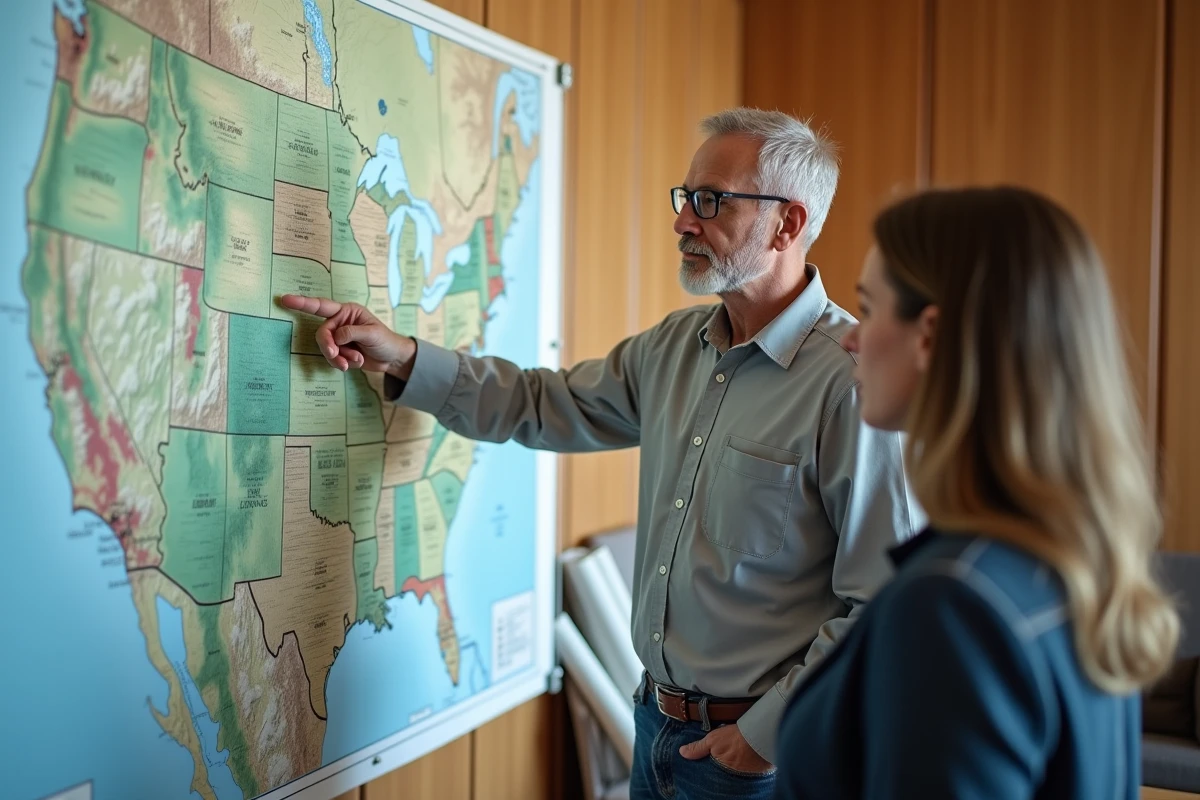 Homme pointant une carte des zones inondation avec une collègue