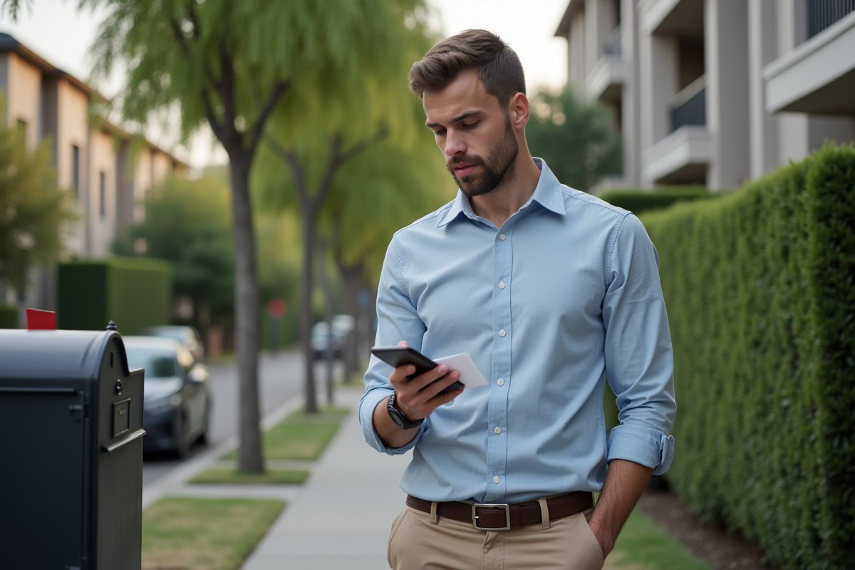 Homme déposé une lettre dans une boîte aux lettres en ville