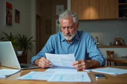 Homme d age examine documents fiscaux à la maison