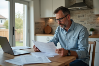 Homme d'âge moyen lisant documents fiscaux dans une cuisine moderne