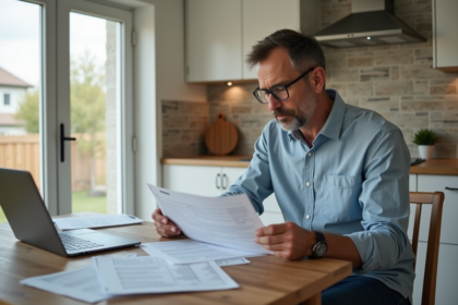 Homme d'âge moyen lisant documents fiscaux dans une cuisine moderne