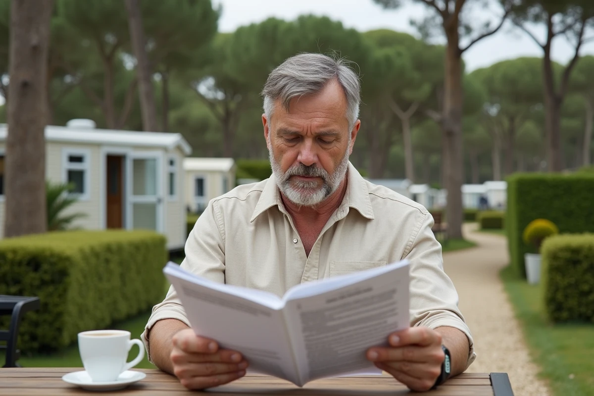 Homme lisant attentivement le règlement intérieur d'un camping assis sur la terrasse de son mobil home