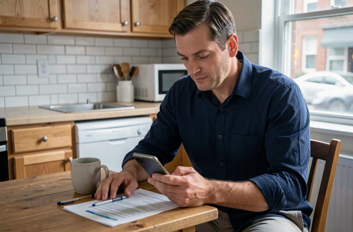 Homme locataire consultant son smartphone pour trouver une assurance habitation moins chère avec des documents sur la table