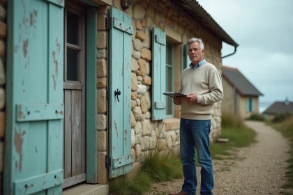 Homme d'âge moyen devant maison normande ancienne