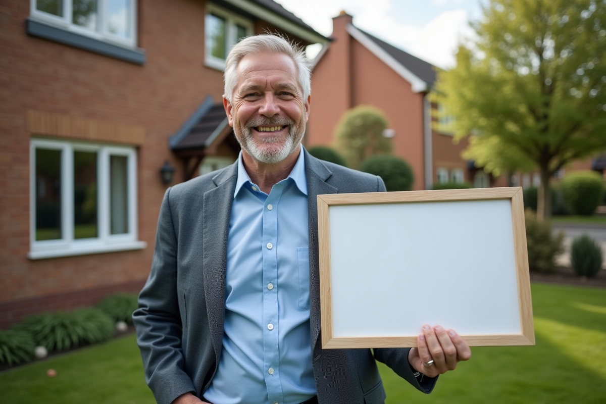 Homme confiant devant maison en vente avec panneau