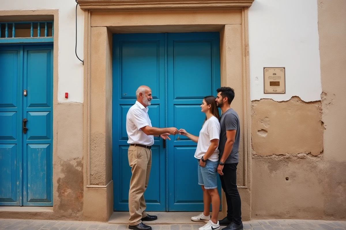 Homme marocain remet des clés à un jeune couple dans la rue
