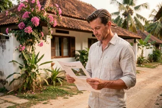Un homme occidental examine une annonce immobilière devant une maison à vendre en Thaïlande dans un quartier rural abordable