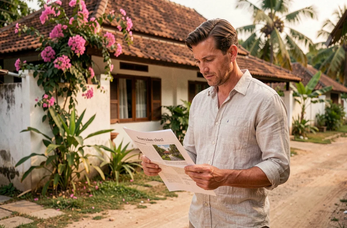 Un homme occidental examine une annonce immobilière devant une maison à vendre en Thaïlande dans un quartier rural abordable
