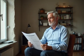 Homme d'âge moyen pensif avec documents de taxes immobilières