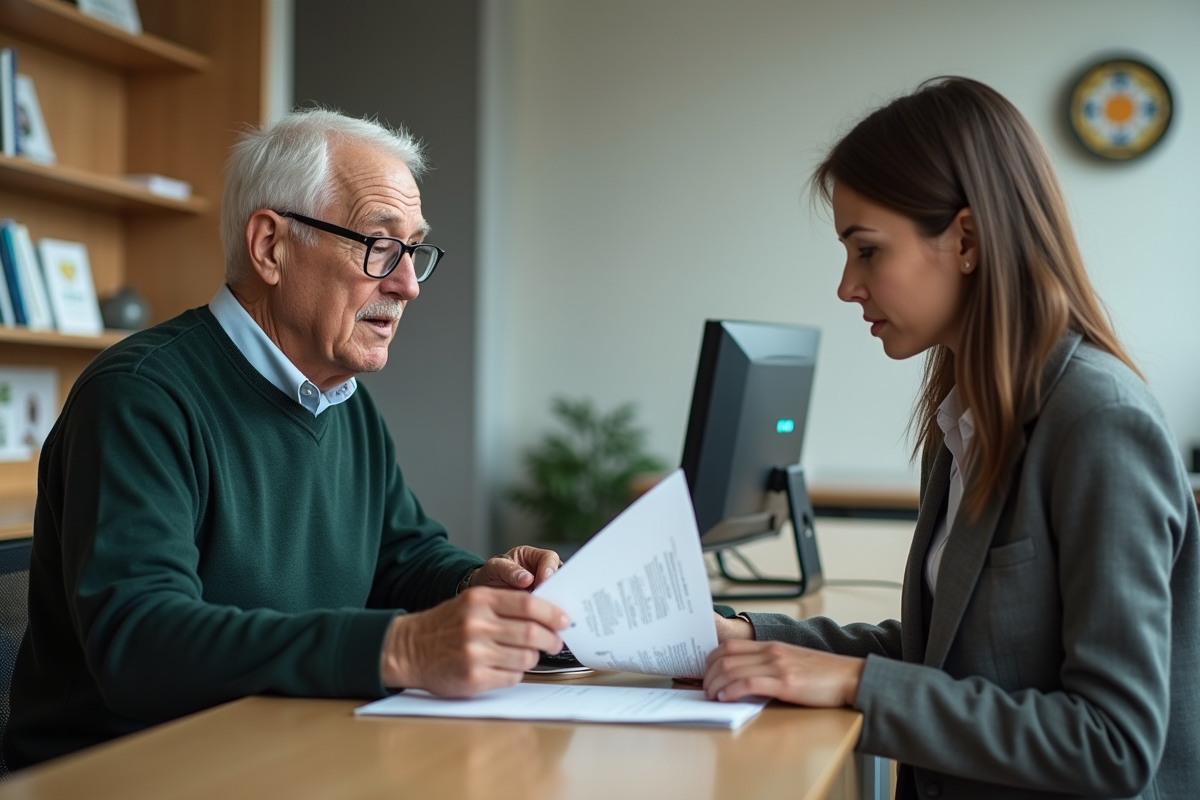 Homme âgé discutant avec une agente dans un bureau municipal