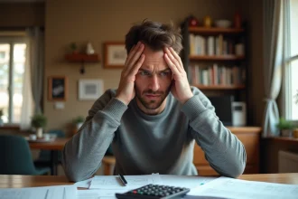 Homme seul face à des documents de crédit immobilier en indivision, visage inquiet, table couverte de papiers bancaires