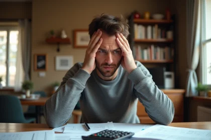 Homme seul face à des documents de crédit immobilier en indivision, visage inquiet, table couverte de papiers bancaires