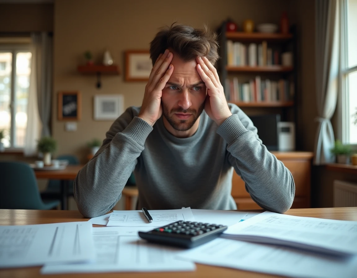 Homme seul face à des documents de crédit immobilier en indivision, visage inquiet, table couverte de papiers bancaires