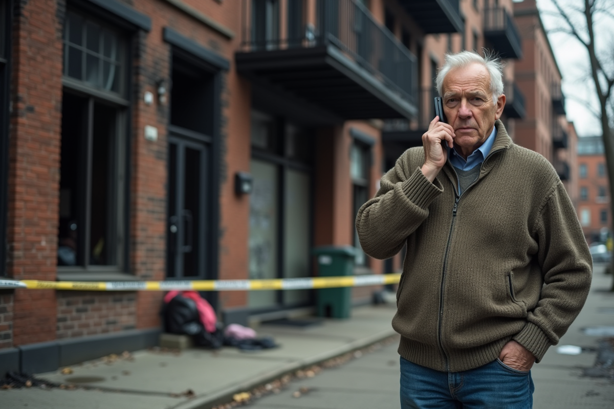 Homme âgé parlant au téléphone devant immeuble brûlé