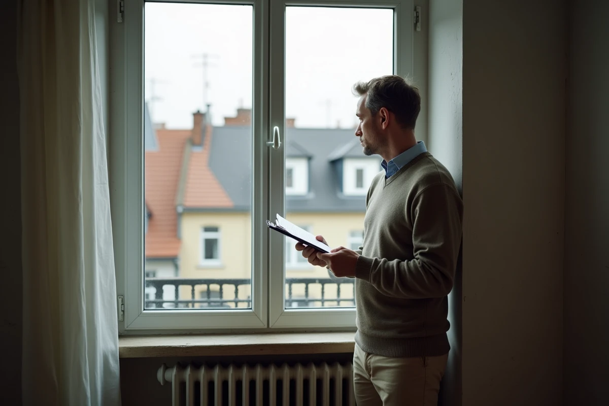Homme regarde par la fenêtre avec des papiers de location