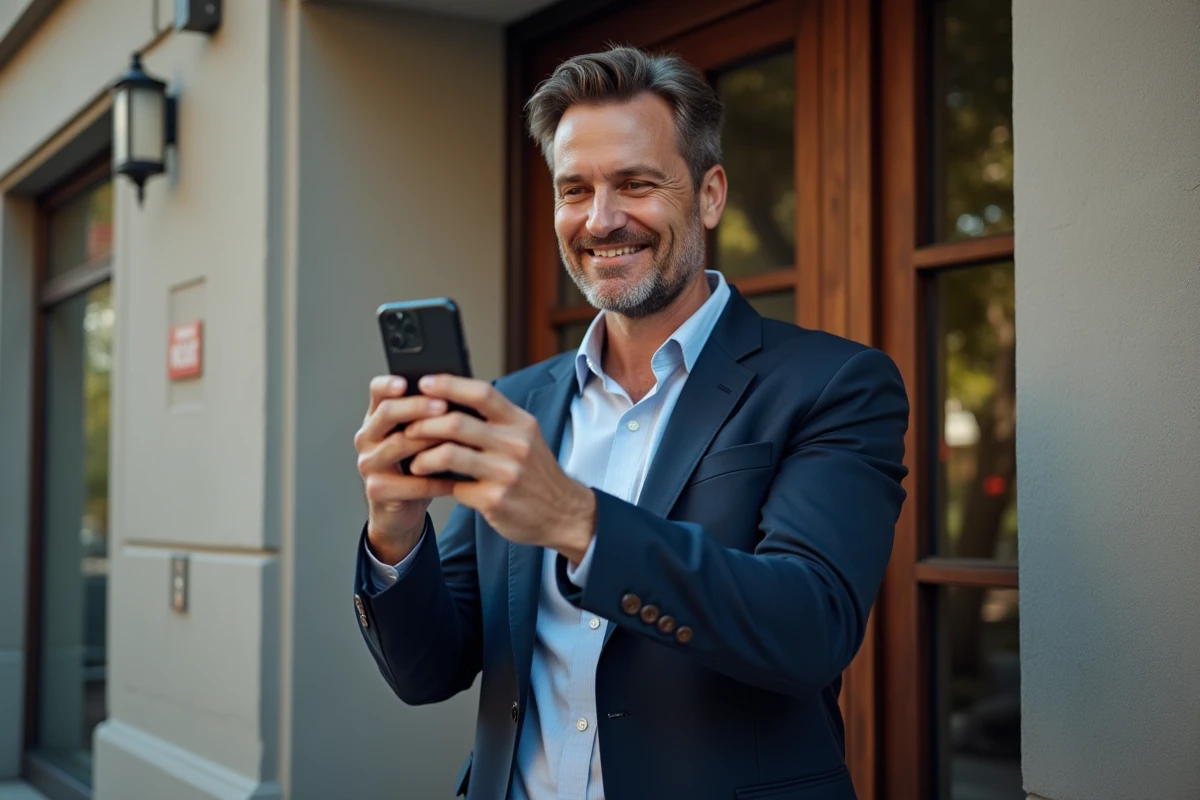 Homme prenant en photo une affiche de location devant un immeuble