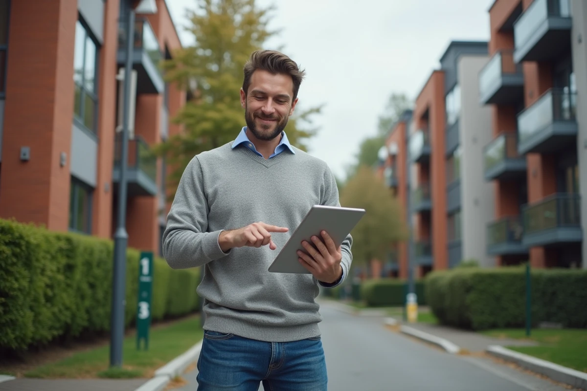 Homme souriant pointant un tableau avec données immobilières devant un immeuble
