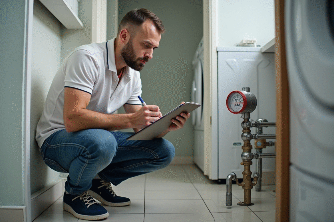 Homme vérifiant un compteur d'eau dans une pièce propre