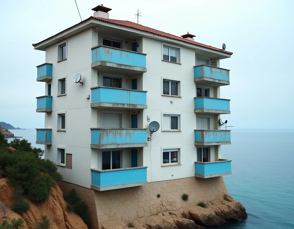 Immeuble en copropriété en bord de mer avec balcons et façade présentant des signes de vétusté, vue extérieure grand angle