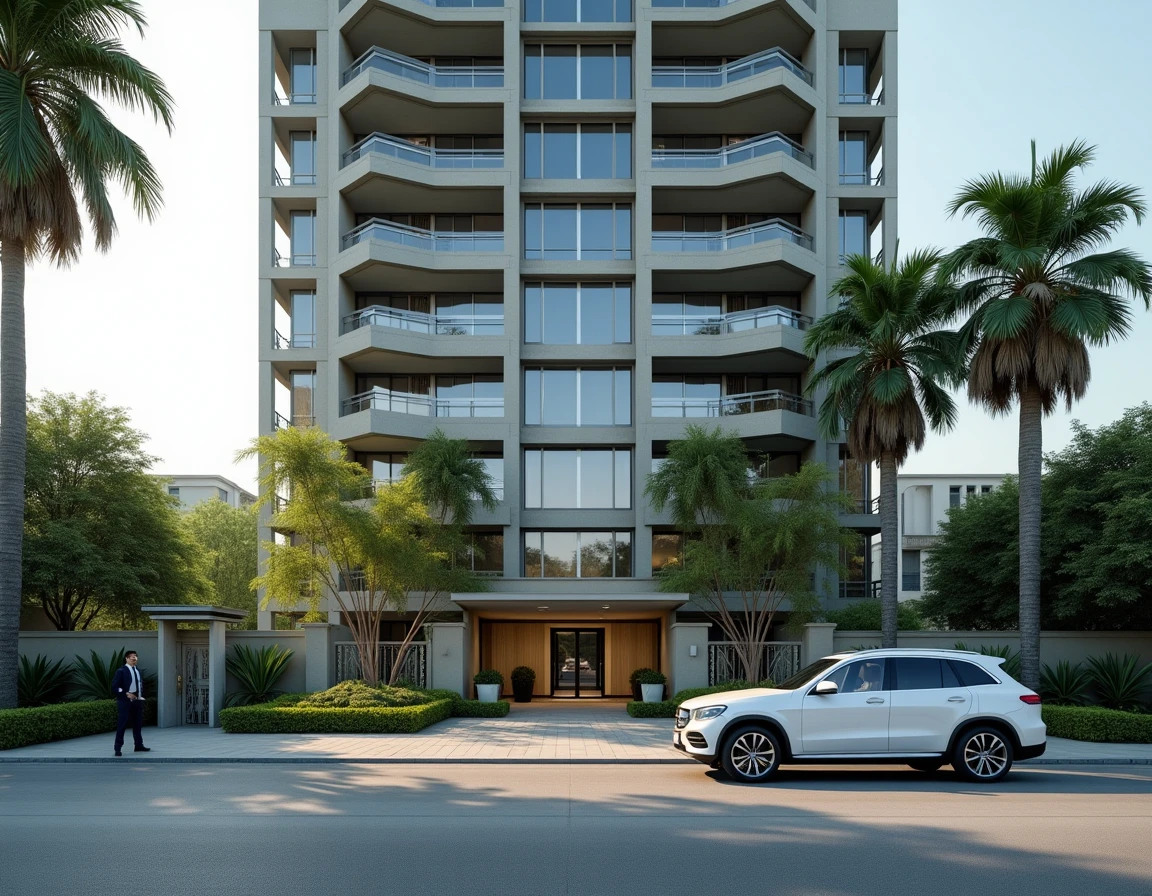 Façade d'un immeuble résidentiel de luxe à Cocody Abidjan avec entrée sécurisée et aménagement paysager tropical