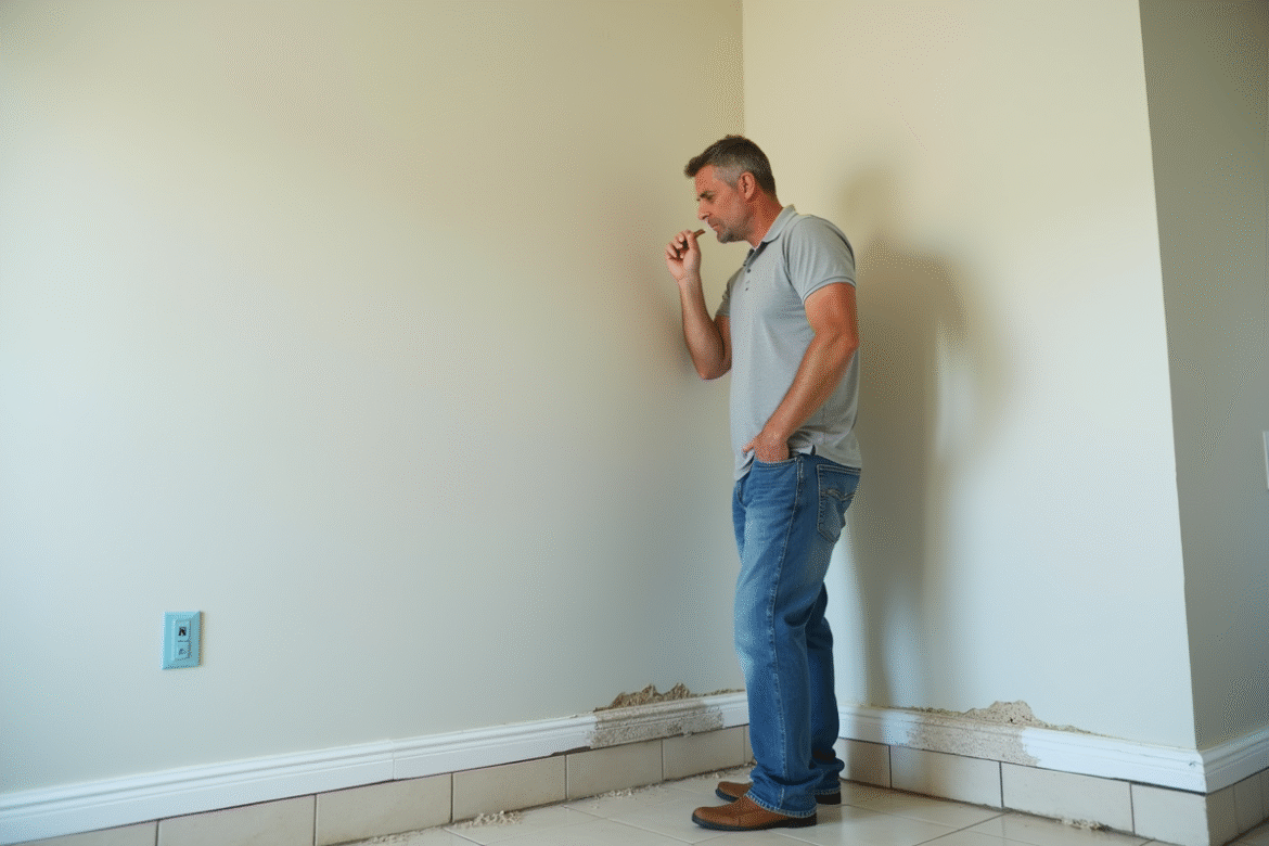 Homme inspectant un mur endommagé par l'eau dans une maison moderne en Floride