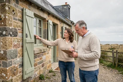 Couple inspectant l'extérieur d'une maison en pierre normande à vendre en bord de mer avant l'achat