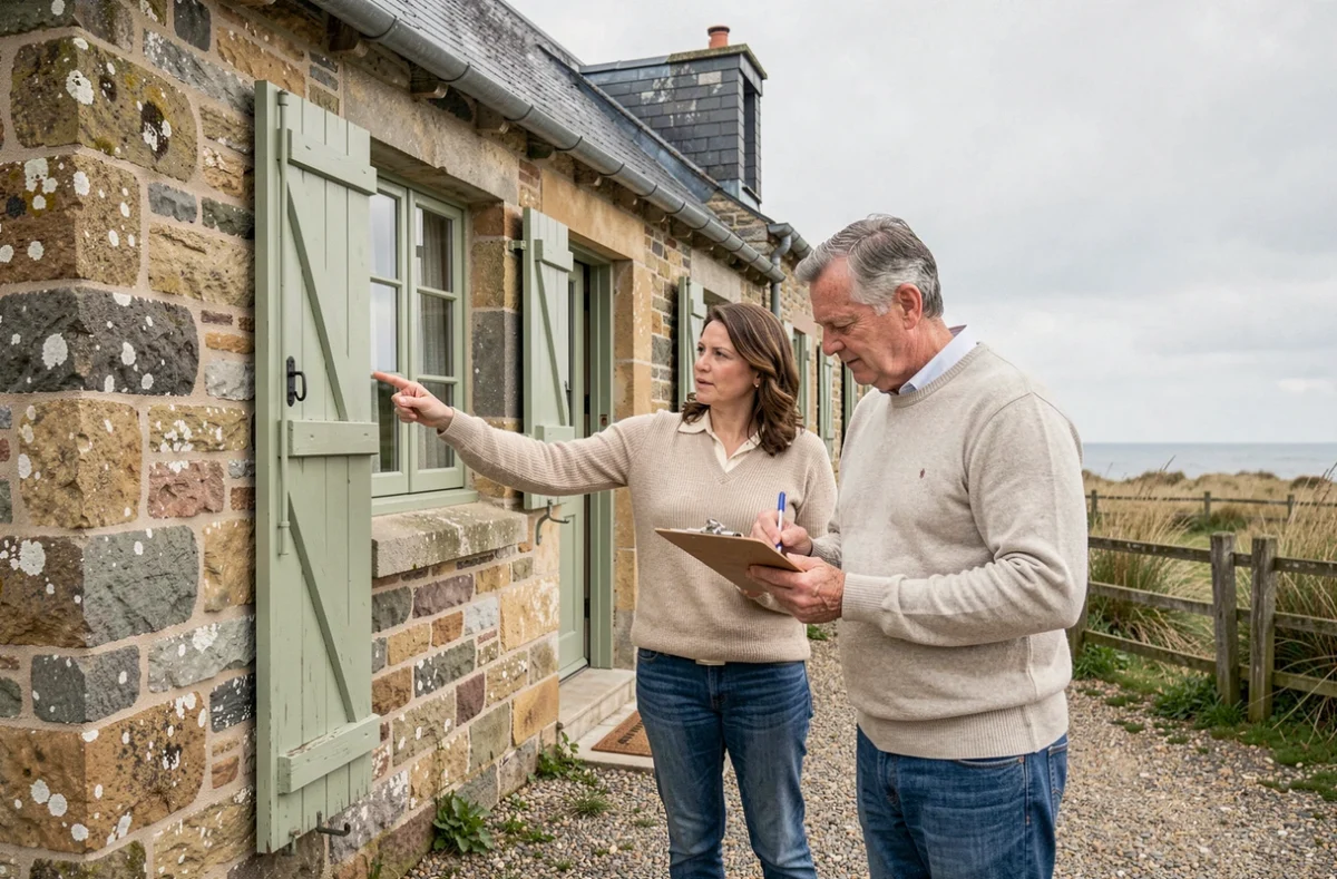 Couple inspectant l'extérieur d'une maison en pierre normande à vendre en bord de mer avant l'achat