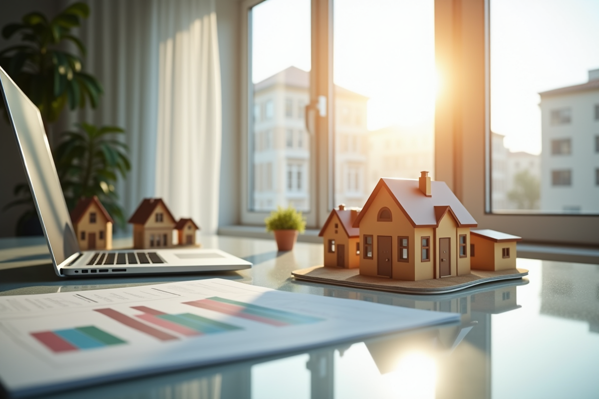 Intérieur lumineux d une agence immobilière avec plans et ordinateur