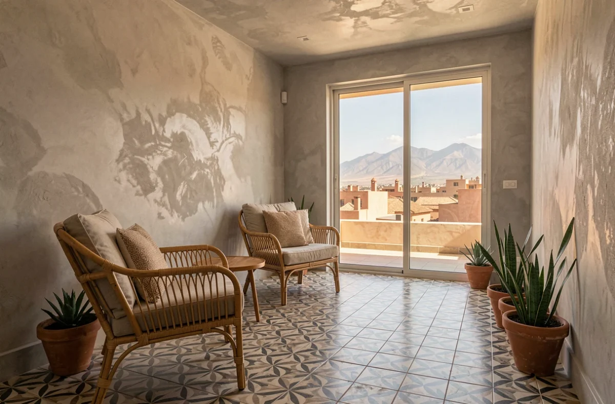 Intérieur d'un appartement neuf à Marrakech avec décoration marocaine moderne et vue sur les toits de la ville