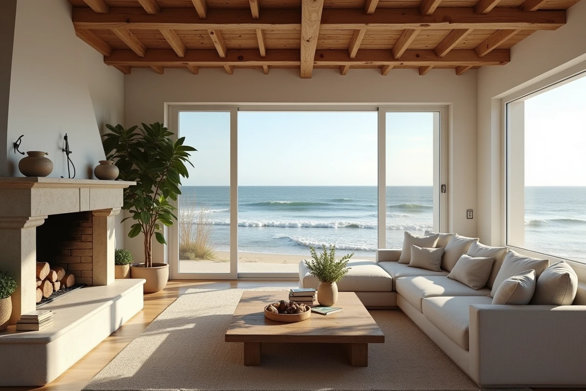 Intérieur d'une maison normande en bord de mer avec vue sur l'océan, poutres apparentes et cheminée en pierre