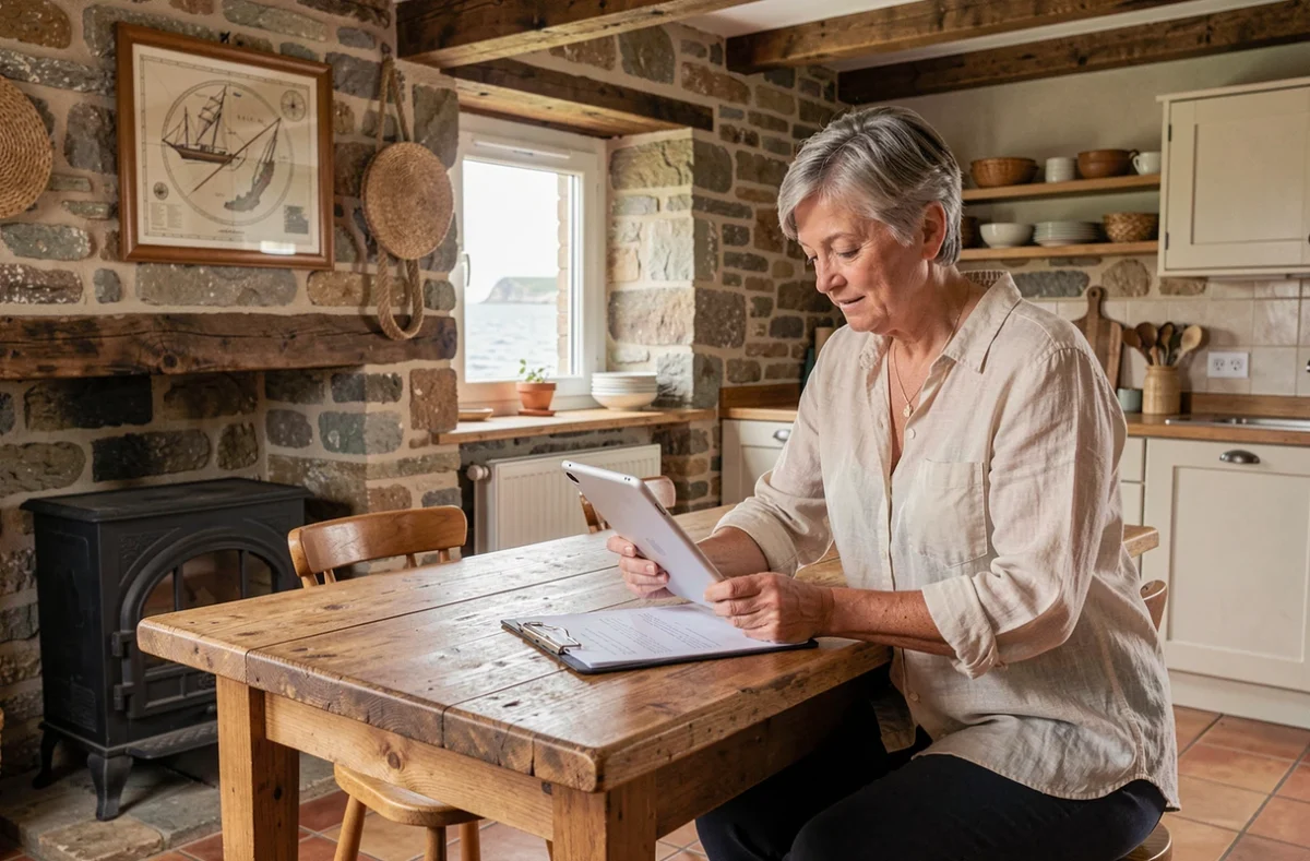 Femme évaluant la rentabilité d'une maison de pêcheur bretonne rénovée en résidence secondaire, intérieur pierre apparente