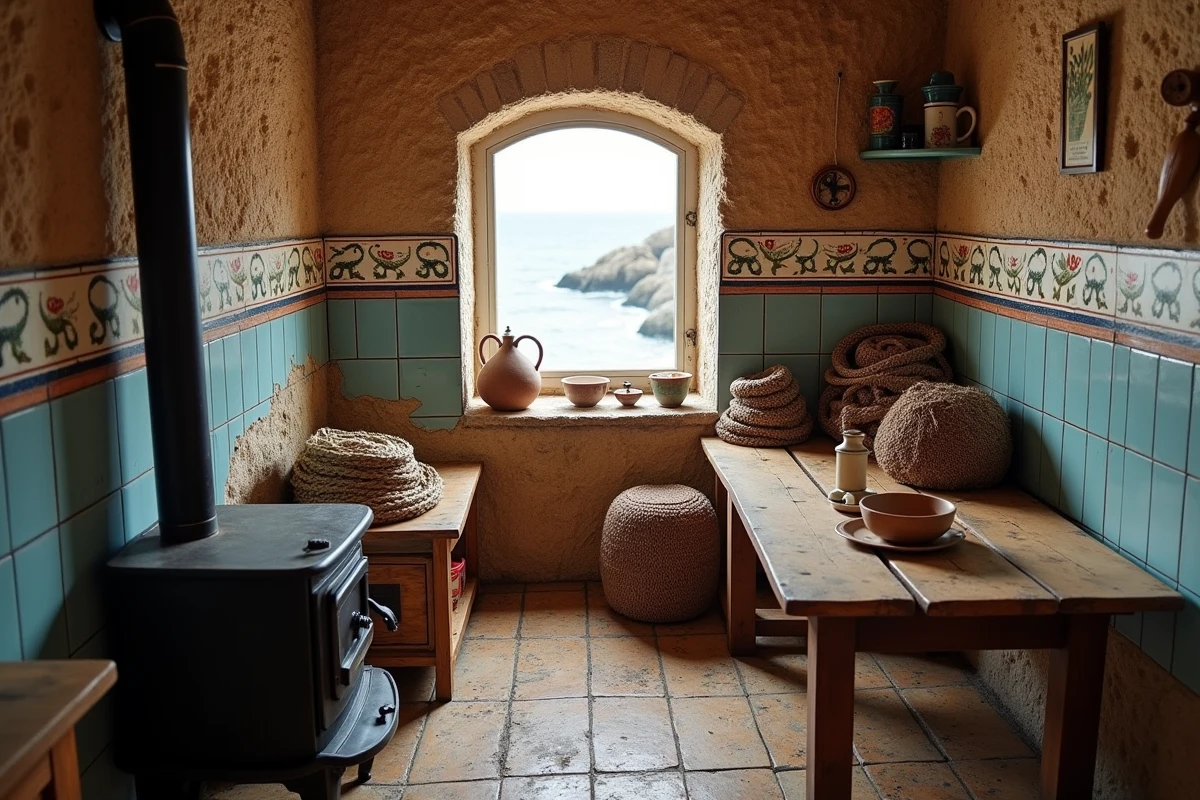 Intérieur authentique d'une petite maison de pêcheur portugaise avec murs en pierre et carreaux de céramique peints