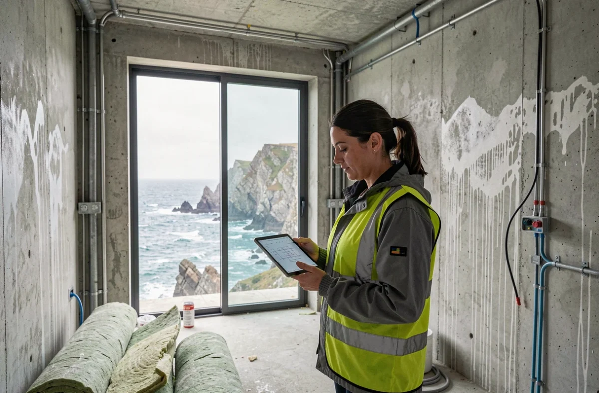 Ingénieure en génie civil inspectant l'intérieur brut d'une villa côtière en construction avec vue sur la mer à travers une baie vitrée non encore installée