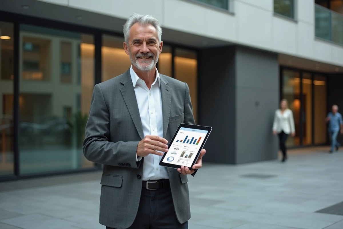 Investisseur immobilier consultant une application de portefeuille sur tablette devant un immeuble résidentiel moderne en milieu urbain