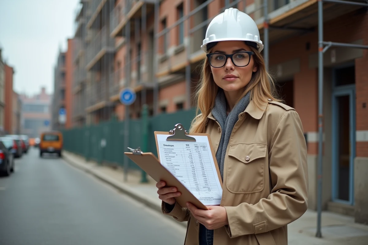 Investisseuse immobilière consultant un bilan de coûts avec TVA devant un immeuble en rénovation urbaine