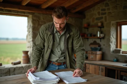 Jeune agriculteur examinant un contrat de bail rural dans une cuisine de ferme en pierre