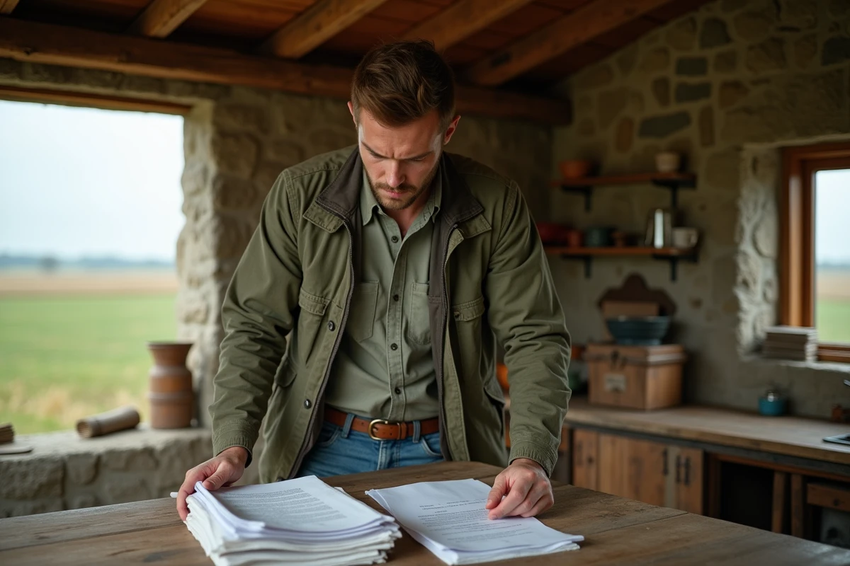 Jeune agriculteur examinant un contrat de bail rural dans une cuisine de ferme en pierre