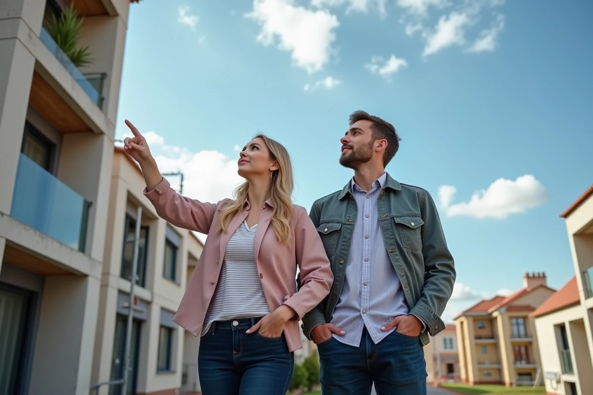 Jeune couple regardant un immeuble neuf en construction à Toulouse dans le cadre d'un projet d'accession sociale à la propriété PSLA