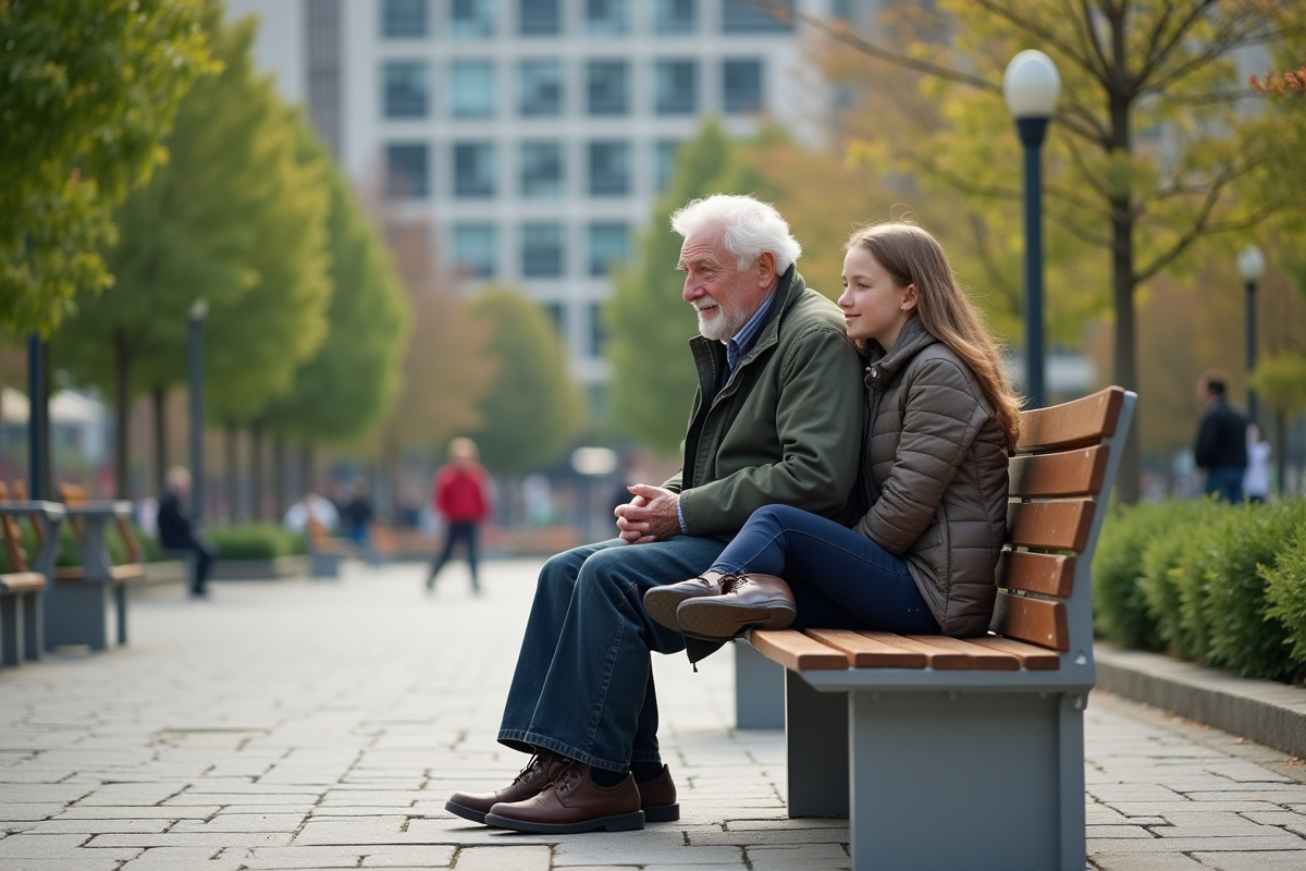 Jeune fille et homme age assis sur un banc dans un parc urbain