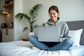 Étudiante souriante travaillant sur son ordinateur dans une chambre moderne