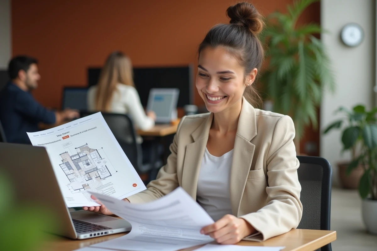 Jeune femme active consultant des documents immobiliers dans un espace de coworking moderne à Toulouse pour accéder à la propriété via le PSLA