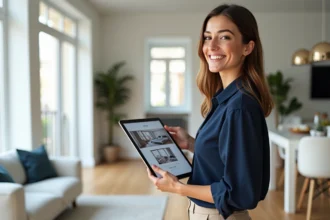 Jeune femme souriante dans un appartement moderne et lumineux