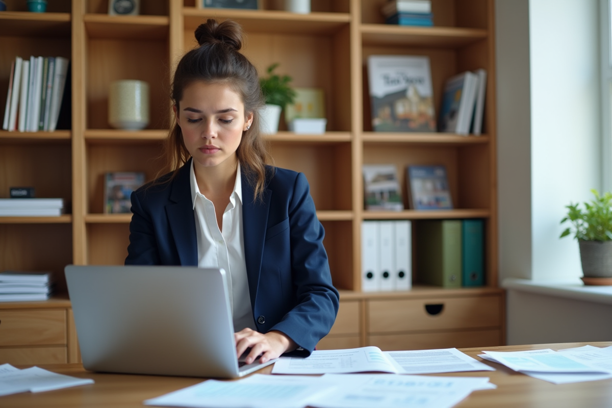 Jeune femme travaillant sur un ordinateur dans un bureau lumineux