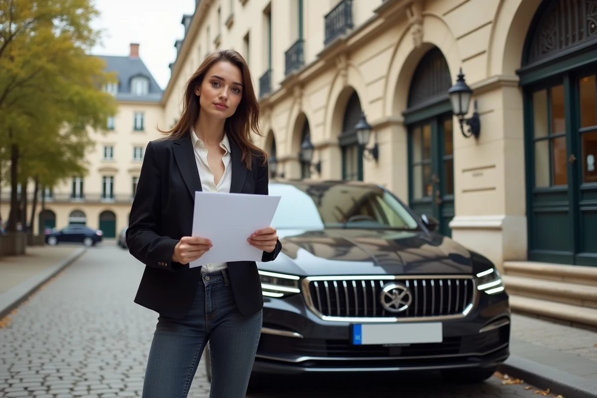 Jeune femme avec contrat immobilier devant une voiture à Limoges