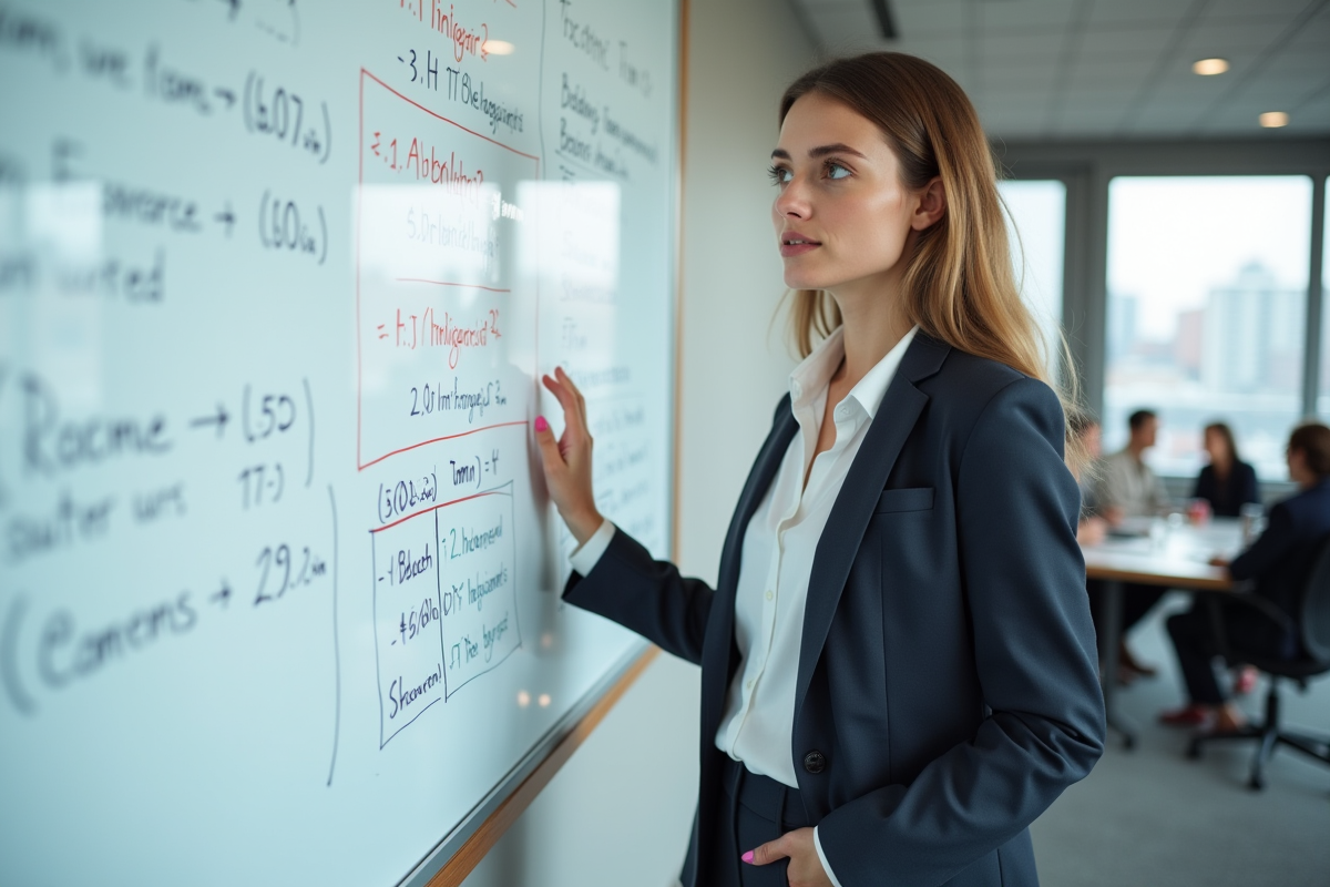 Jeune femme en blazer explique des graphiques sur un tableau blanc