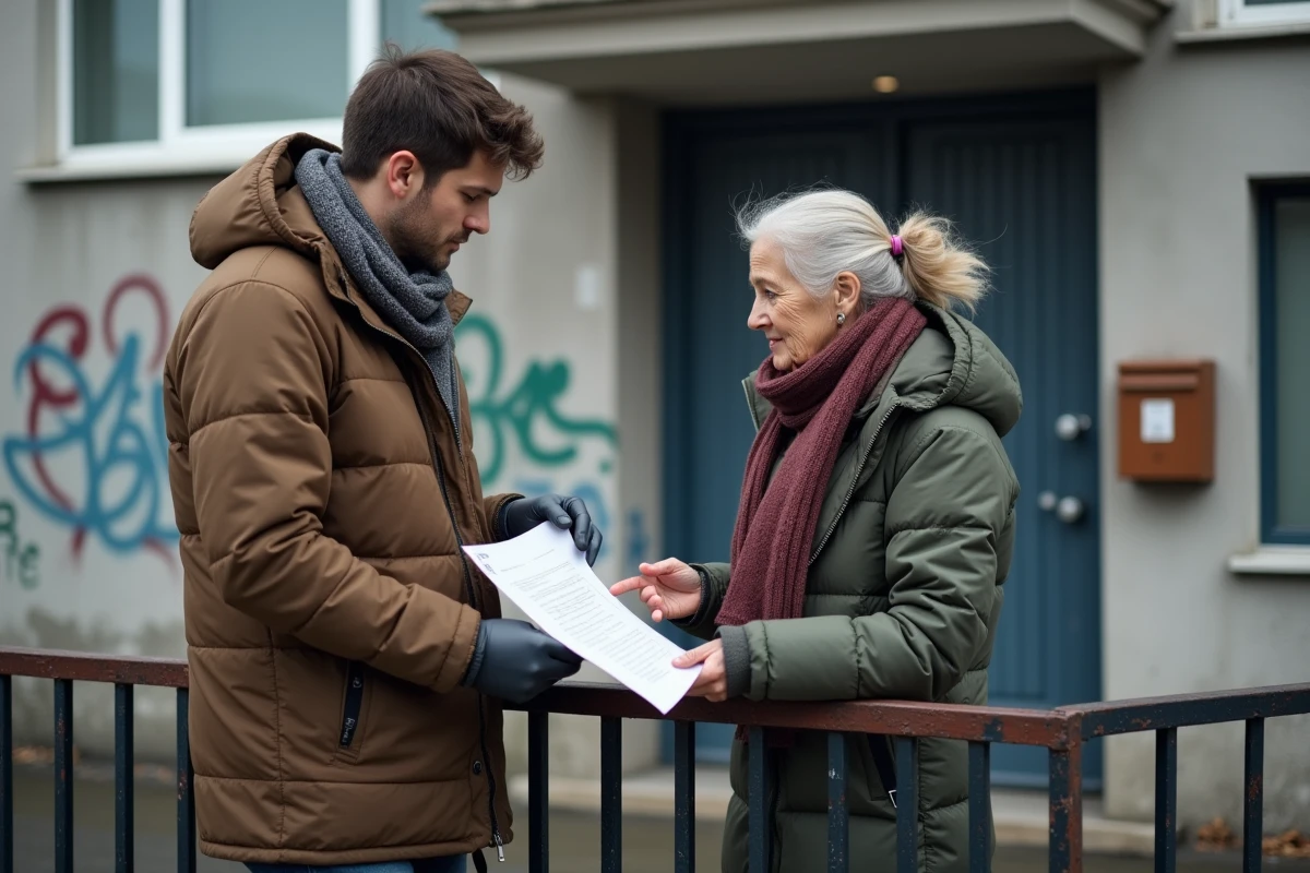 Jeune homme et femme signant un formulaire devant un immeuble