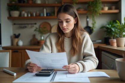 Jeune femme examine des documents de location à la maison