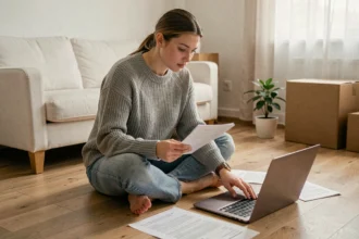 Jeune femme locataire comparant des offres d'assurance habitation sur son ordinateur portable dans son appartement